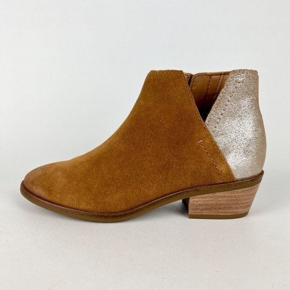 Frye Caden Womens Suede Notched Ankle Bootie Cognac Tan Metallic Heel size 6 - Picture 6 of 16